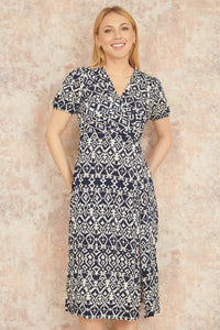 Yumi Navy Ikat Print Midi Dress With Split Hem