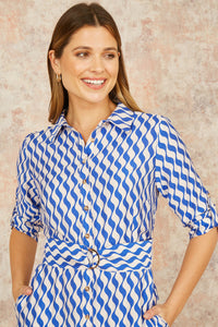 Yumi Blue Geo Swirl Print Midi Shirt Dress