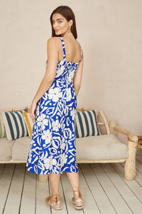 Yumi Blue Floral Button Through Midi Dress
