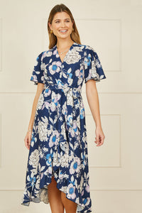 Yumi Navy Floral Midi Wrap Dress for Elegant Occasions
