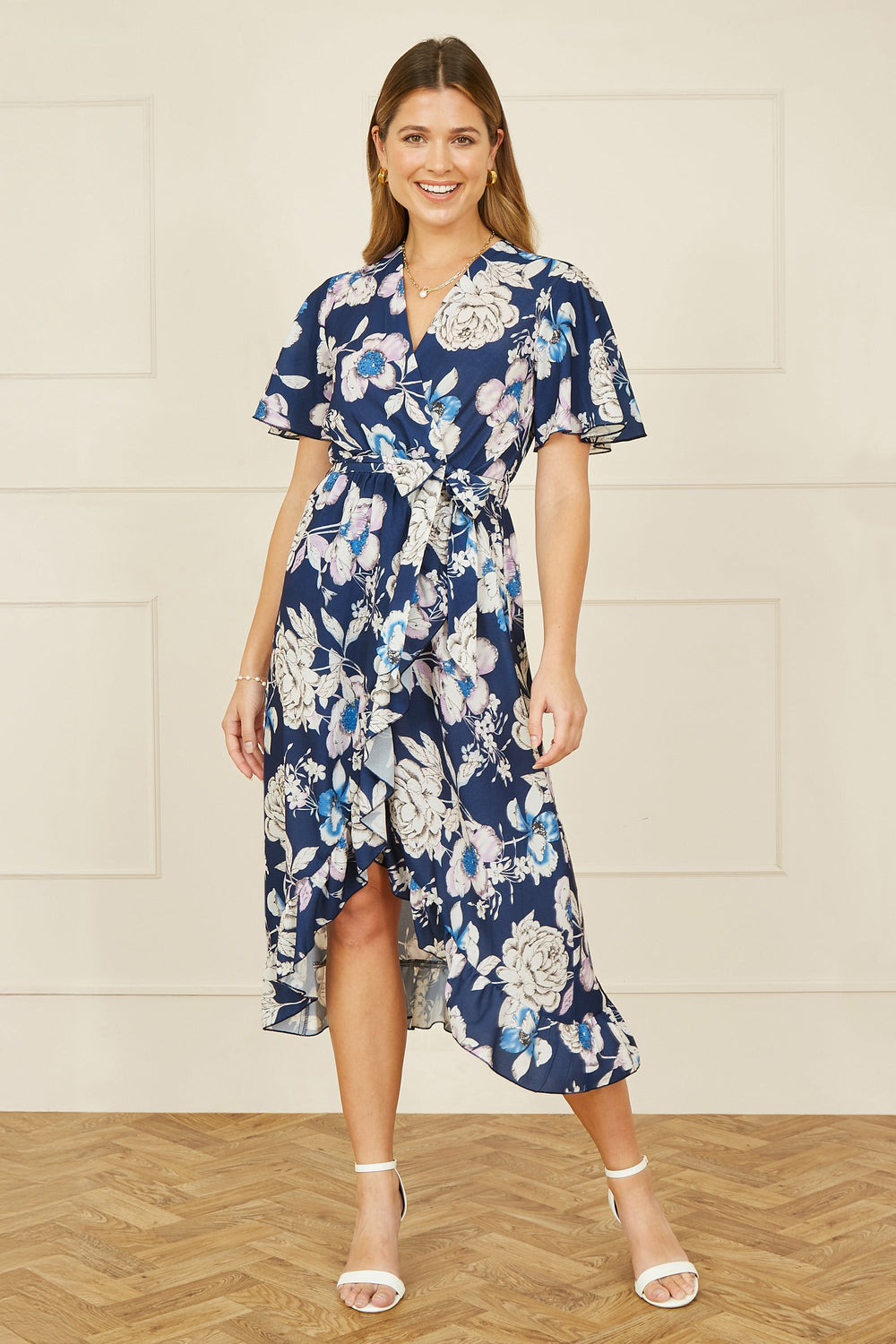 Yumi Navy Floral Midi Wrap Dress for Elegant Occasions