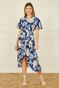 Yumi Navy Floral Midi Wrap Dress for Elegant Occasions