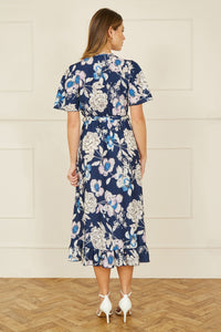 Yumi Navy Floral Midi Wrap Dress for Elegant Occasions