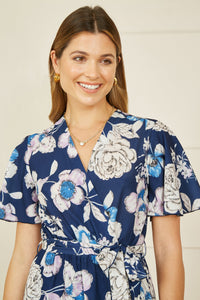 Yumi Navy Floral Midi Wrap Dress for Elegant Occasions