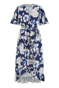 Yumi Navy Floral Midi Wrap Dress for Elegant Occasions