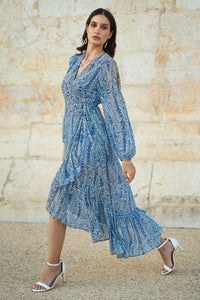 Yumi Blue Paisley Dipped Hemline Midi Dress With Open Long Sleeves