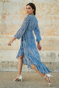 Yumi Blue Paisley Dipped Hemline Midi Dress With Open Long Sleeves