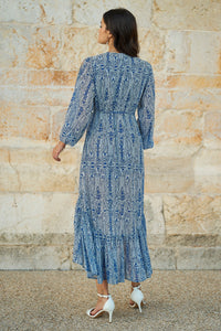 Yumi Blue Paisley Dipped Hemline Midi Dress With Open Long Sleeves