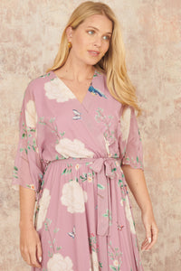 Yumi Pink Bird and Floral Print Midi Wrap Dress