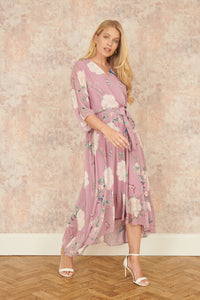 Yumi Pink Bird and Floral Print Midi Wrap Dress