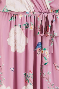 Yumi Pink Bird and Floral Print Midi Wrap Dress