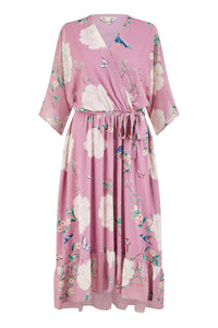 Yumi Pink Bird and Floral Print Midi Wrap Dress