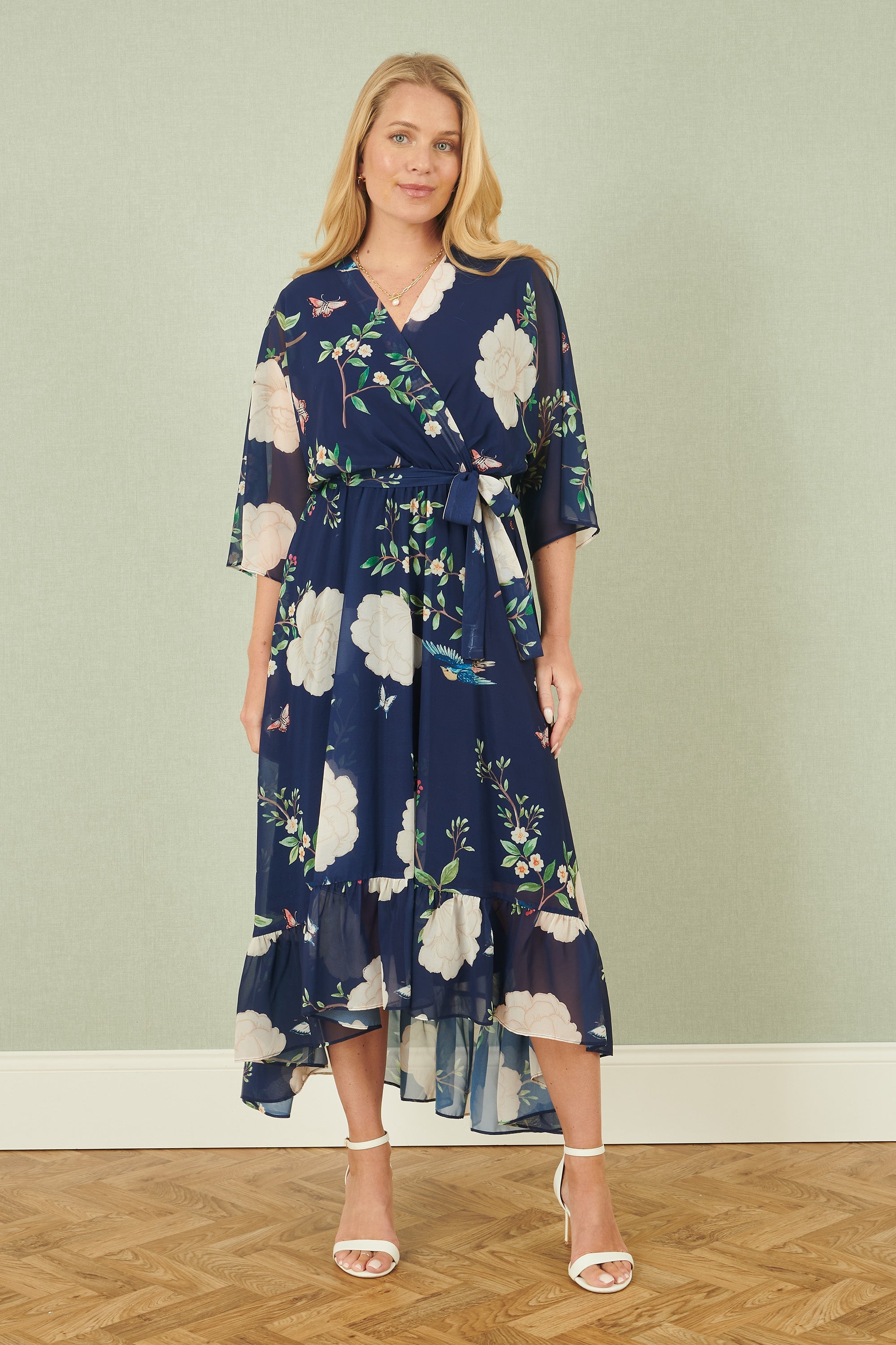 Yumi Navy Bird and Floral Print Midi Wrap Dress