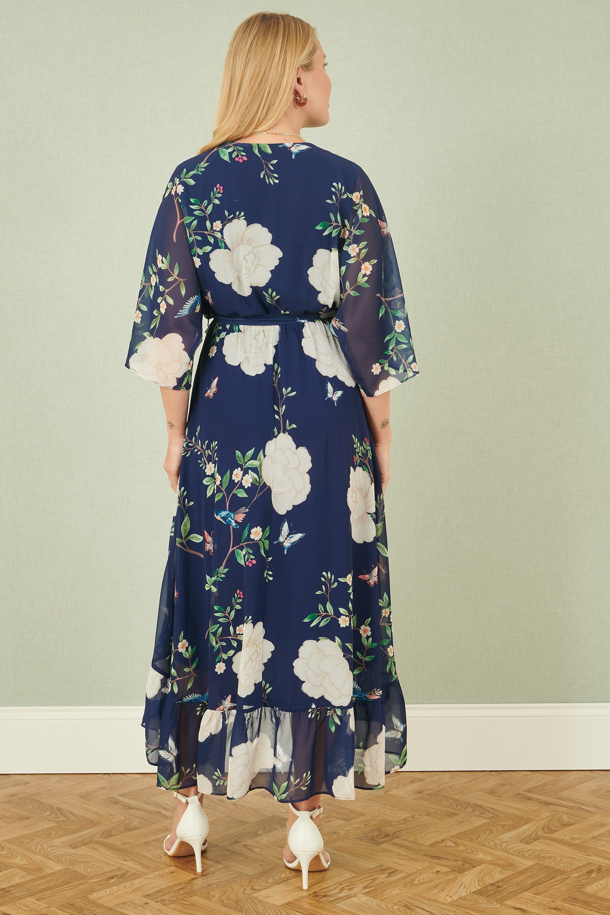 Yumi Navy Bird and Floral Print Midi Wrap Dress