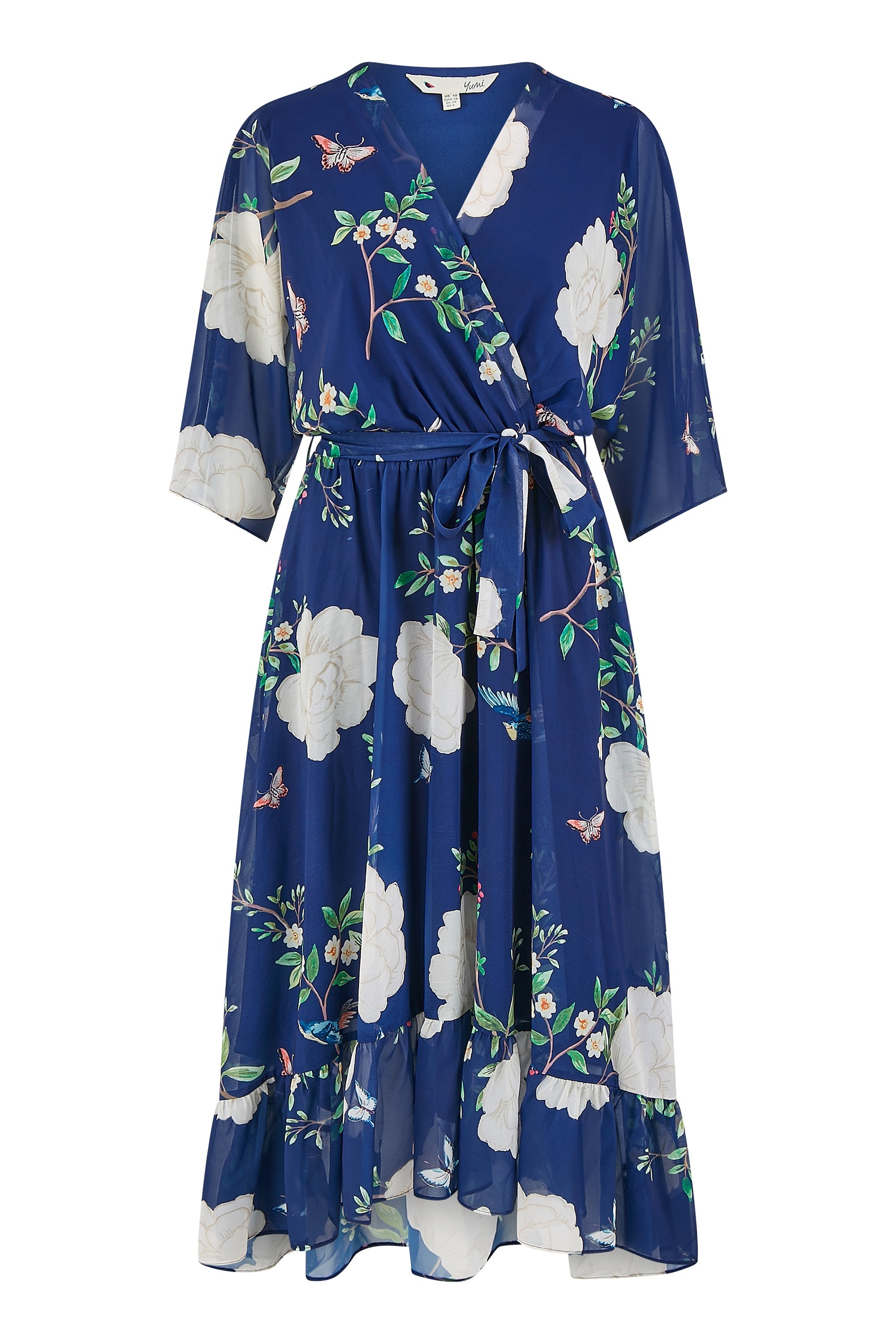 Yumi Navy Bird and Floral Print Midi Wrap Dress