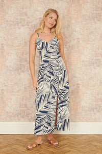 Yumi Navy Leaf Print Maxi Dress With Cross Back