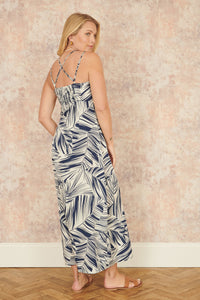 Yumi Navy Leaf Print Maxi Dress With Cross Back