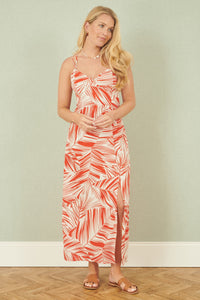 Yumi Orange Leaf Print Maxi Dress With Cross Back