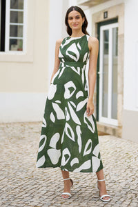 Yumi Green Cotton Abstract Print Maxi Dress With Tie Back