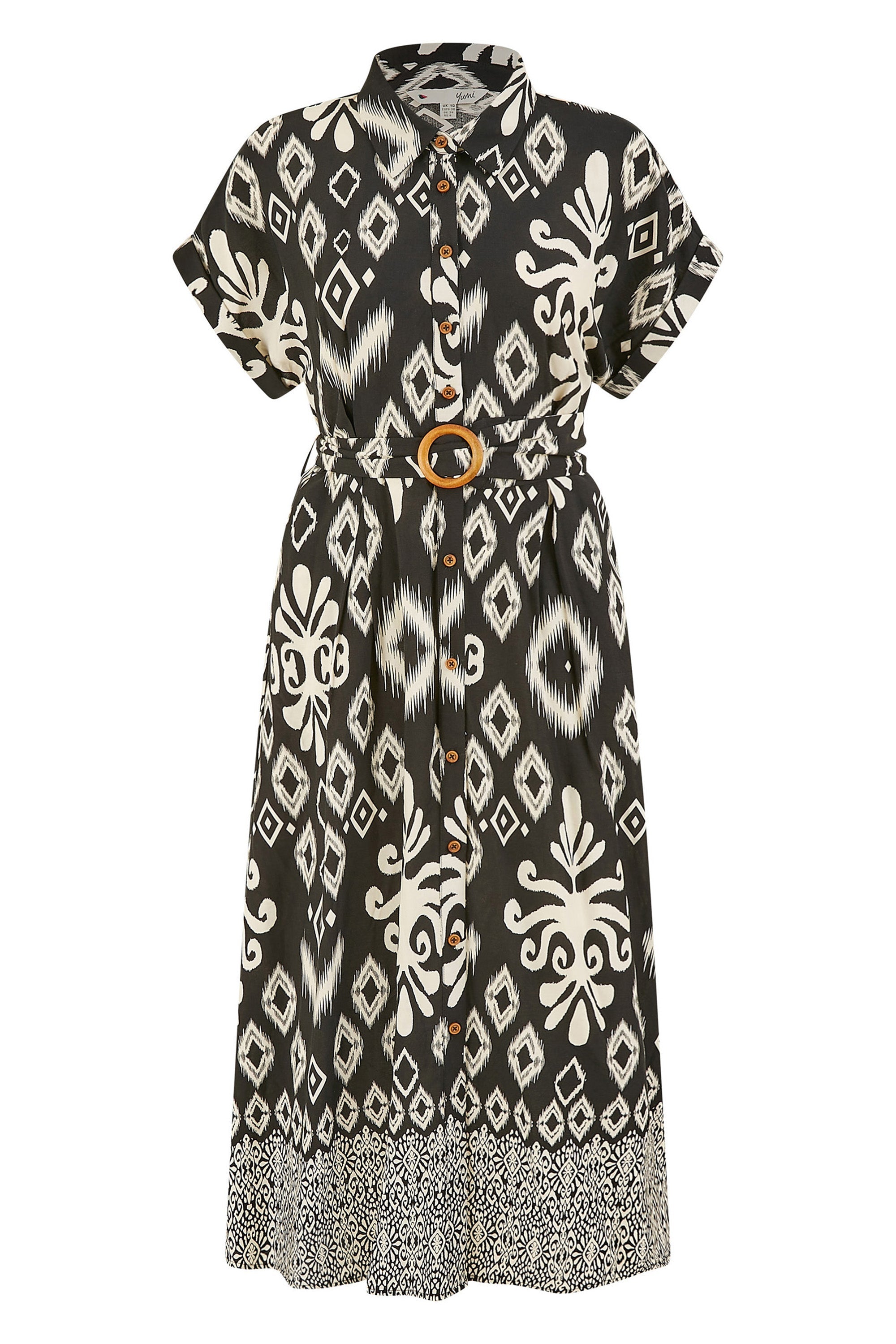 Yumi Black Abstract Geo Print Relaxed Midi Shirt Dress With Belt