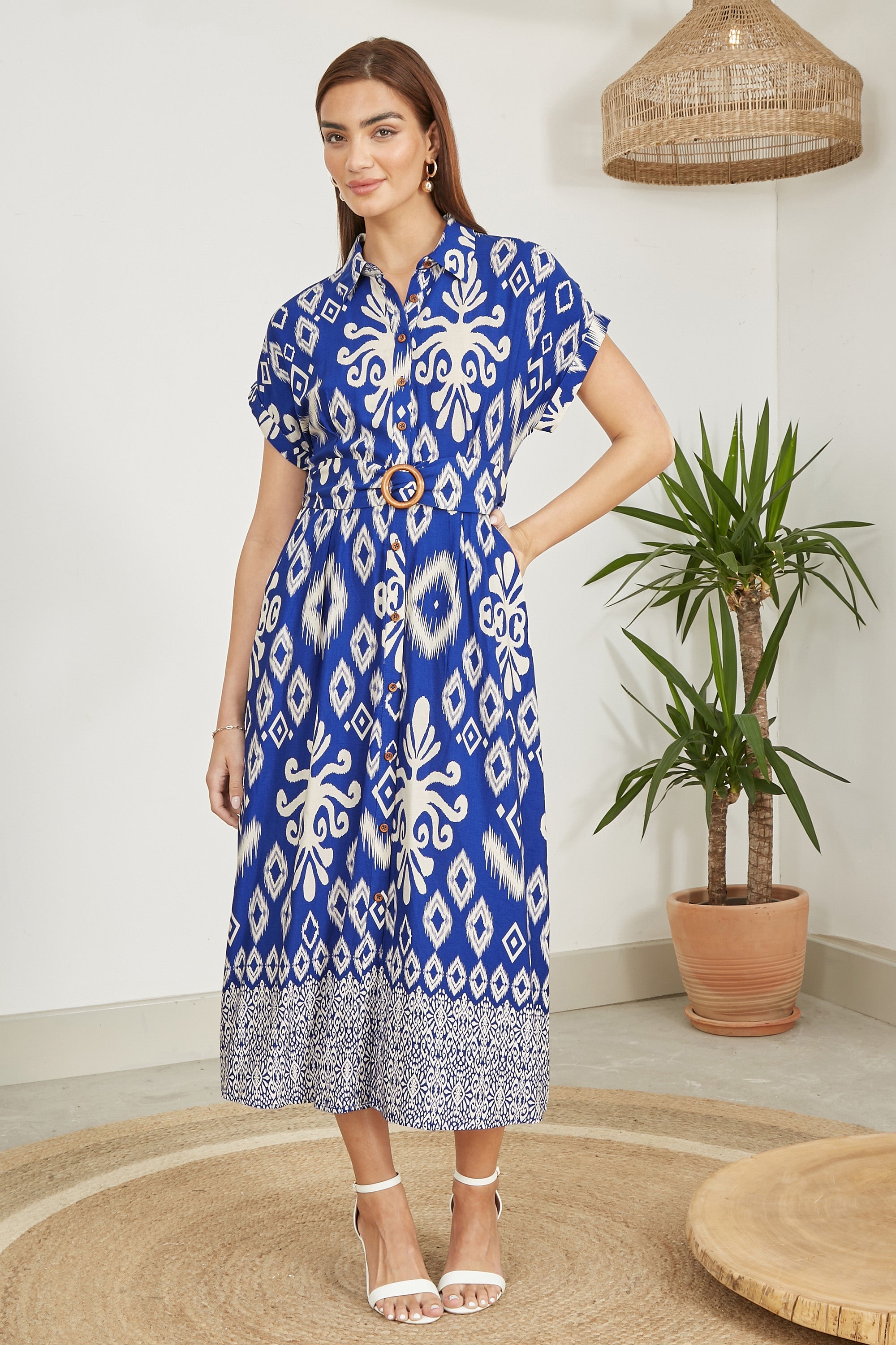 Yumi Blue Abstract Geo Print Relaxed Midi Shirt Dress With Belt