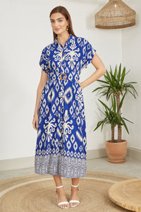 Yumi Blue Abstract Geo Print Relaxed Midi Shirt Dress With Belt