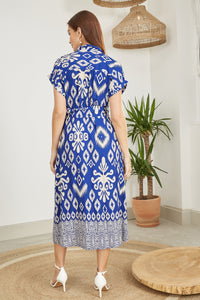 Yumi Blue Abstract Geo Print Relaxed Midi Shirt Dress With Belt