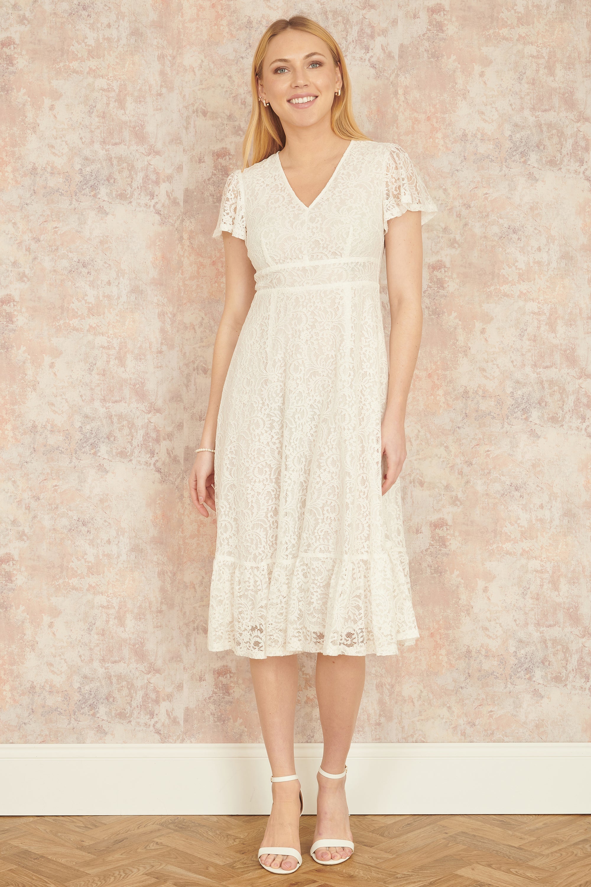 Yumi White Lace Midi Skater Dress