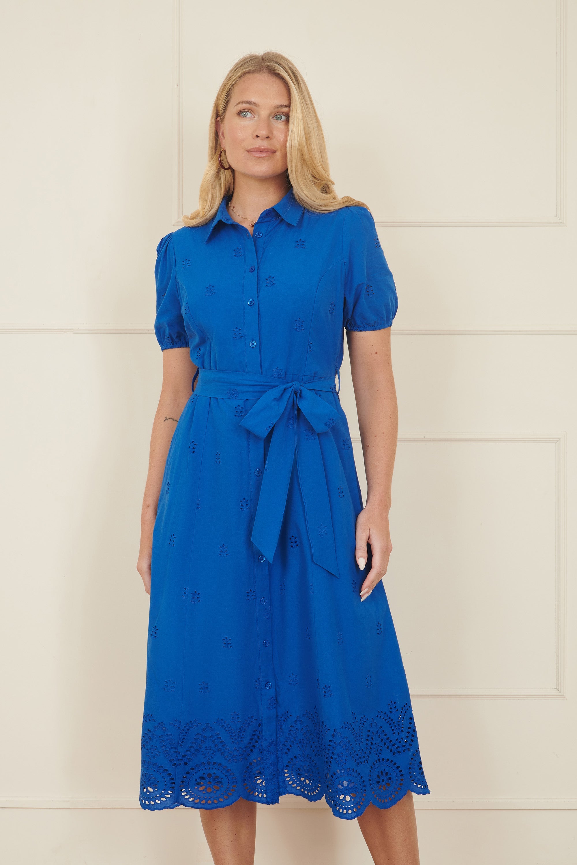 Yumi Blue Cotton Shirt Midi Dress With Cut Out Details