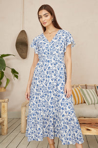 Yumi Blue Floral Printed Broderie Anglaise Ruched Waist Midi Dress
