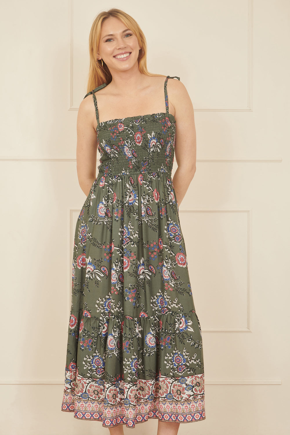 Yumi Green Strappy Paisley Print Midi Dress With Ruched Bodice