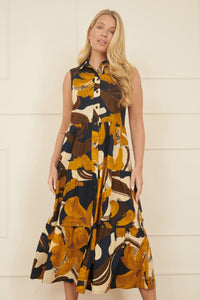 Yumi Navy Cotton Leaf Midi Sleeveless Shirt Dress