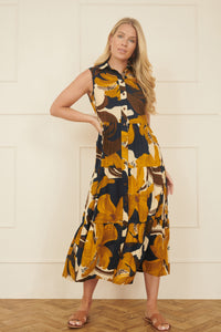 Yumi Navy Cotton Leaf Midi Sleeveless Shirt Dress