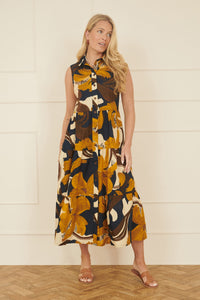 Yumi Navy Cotton Leaf Midi Sleeveless Shirt Dress