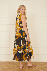 Yumi Navy Cotton Leaf Midi Sleeveless Shirt Dress