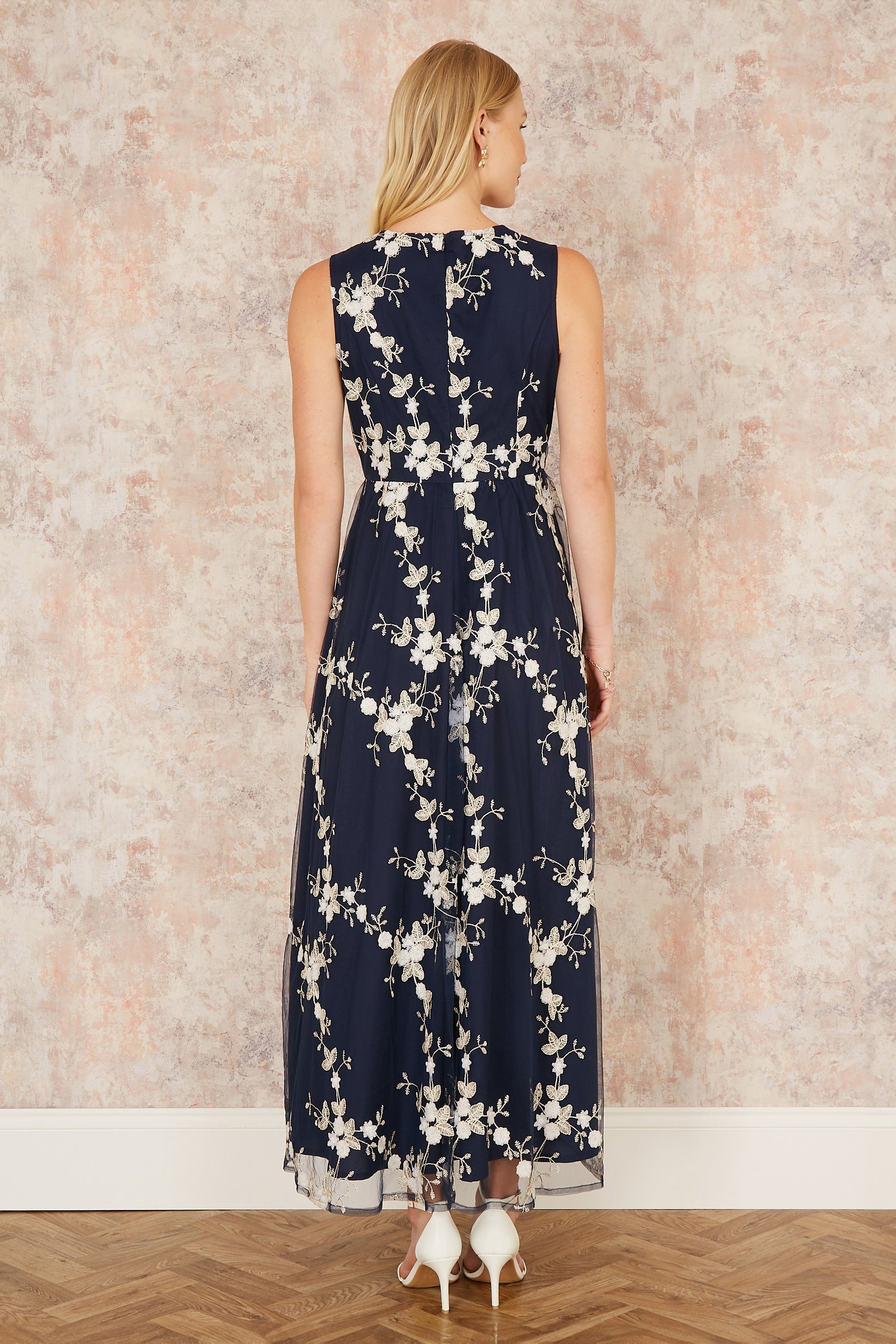 Yumi Navy Mesh Embroidered Maxi Dress