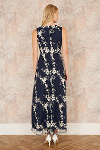 Yumi Navy Mesh Embroidered Maxi Dress