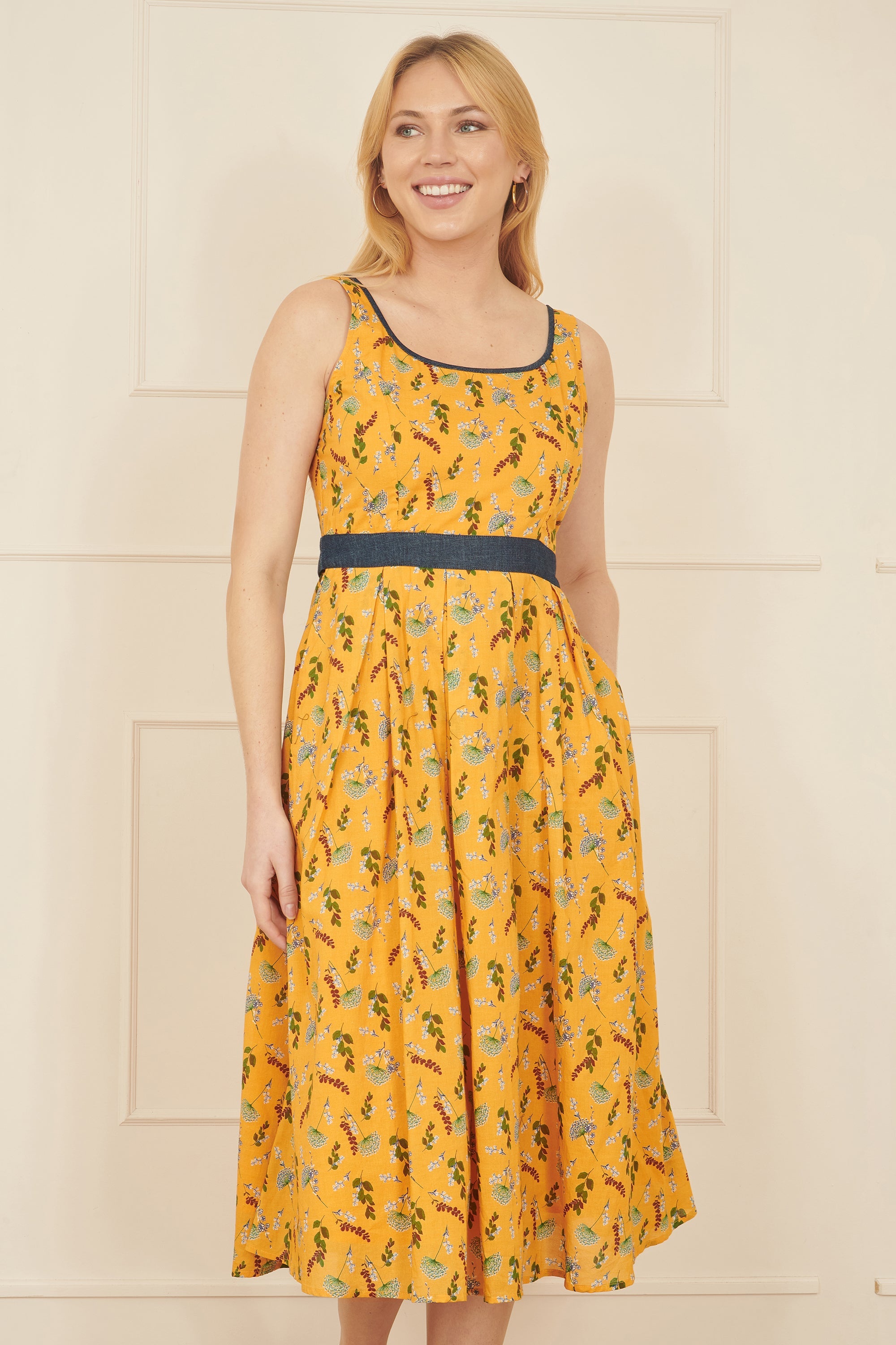 Yumi Mustard Floral Skater Dress With Denim Trims