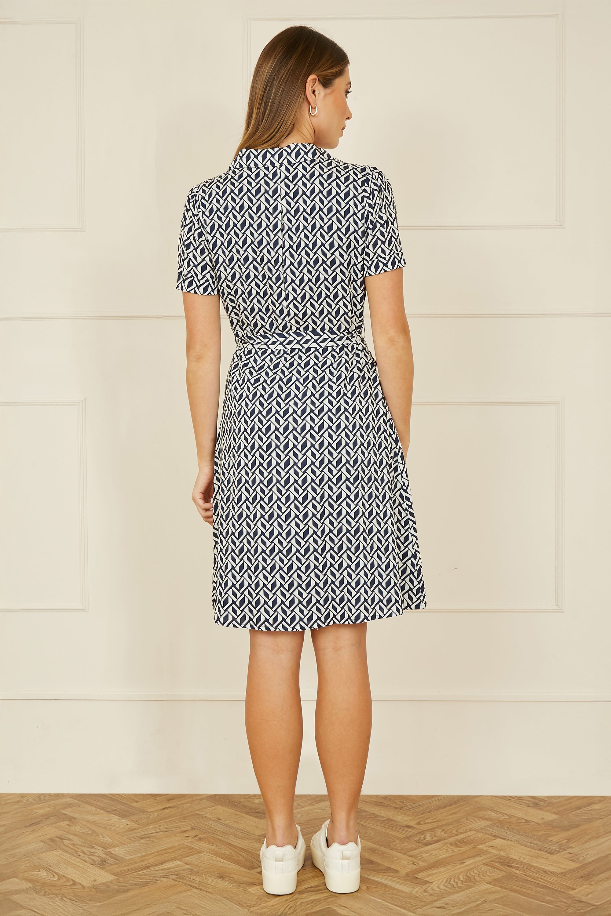 Yumi Navy Geo Print Retro Style Shirt Dress