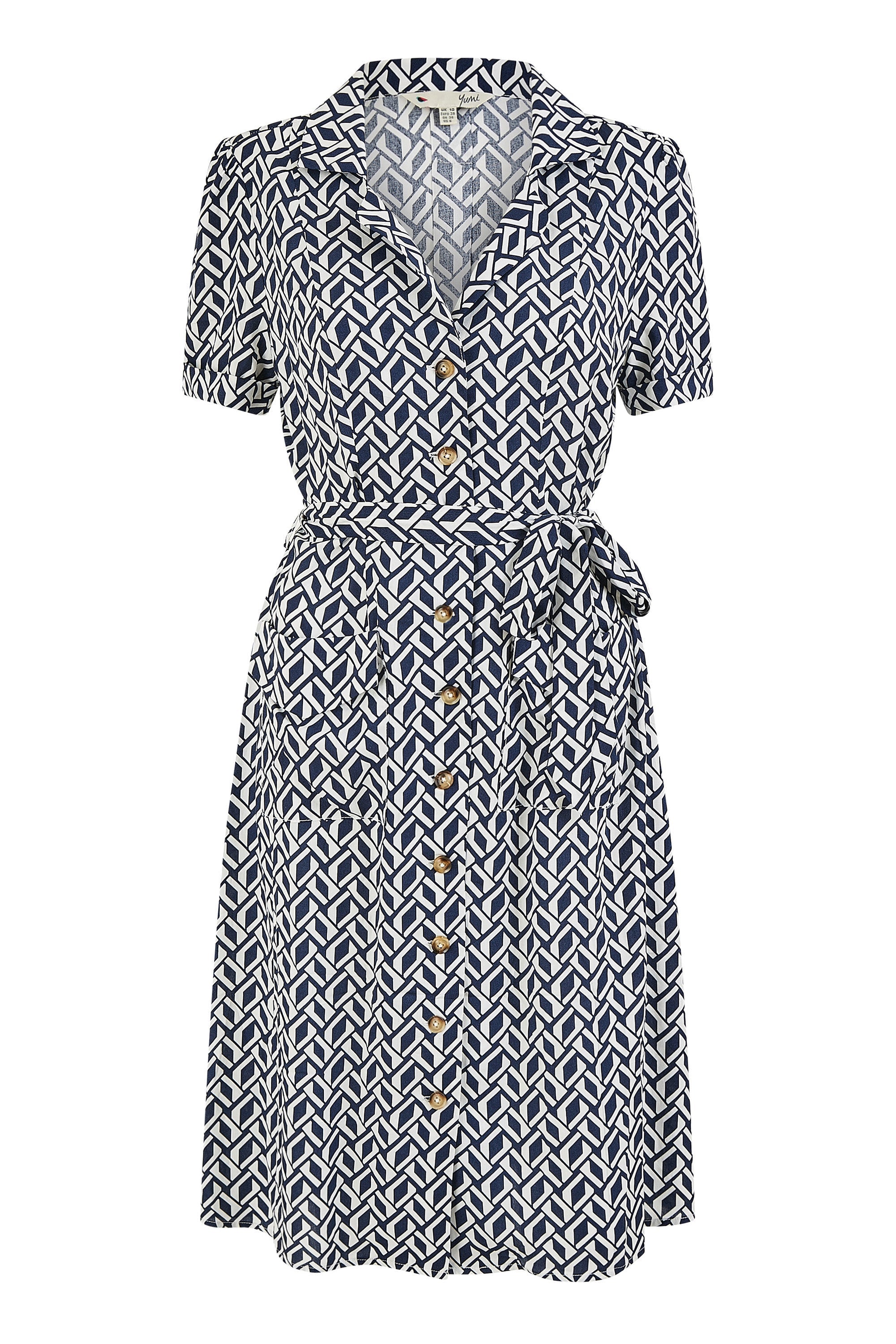 Yumi Navy Geo Print Retro Style Shirt Dress