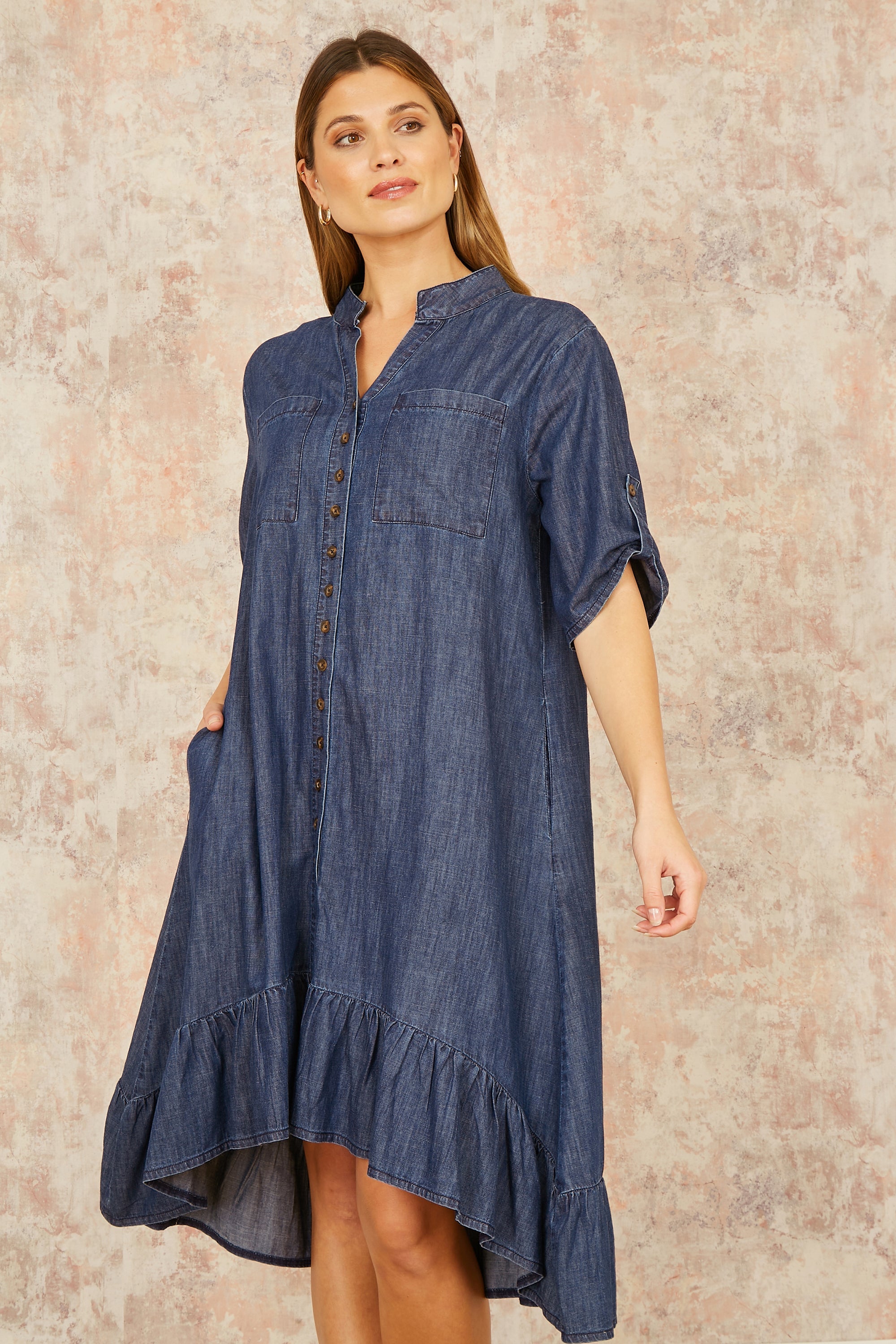 Yumi Blue Chambray Denim Dip Hem Relaxed Fit Shirt Dress