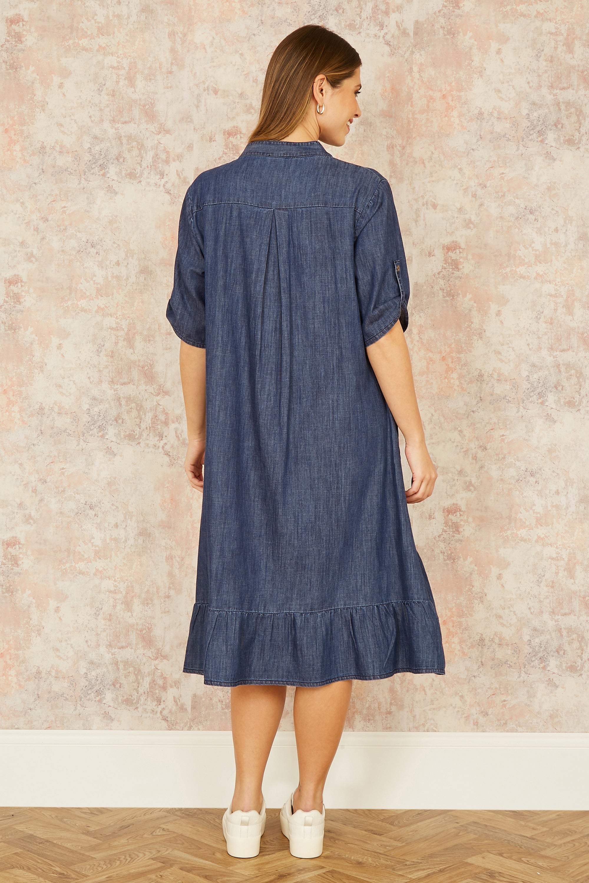 Yumi Blue Chambray Denim Dip Hem Relaxed Fit Shirt Dress