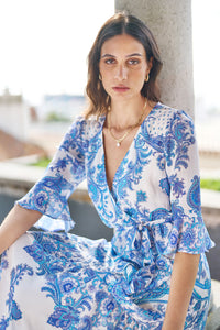 Yumi Blue Paisley Wrap Maxi Dress With 3/4 Sleeve