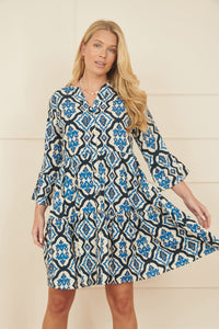 Yumi Viscose Blue Ikat Print 3/4 Sleeve Tunic Dress