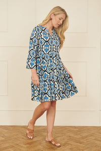 Yumi Viscose Blue Ikat Print 3/4 Sleeve Tunic Dress