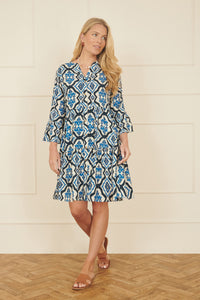 Yumi Viscose Blue Ikat Print 3/4 Sleeve Tunic Dress