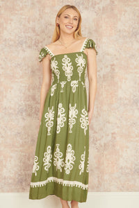 Yumi Green Block Print Ruched Maxi Dress