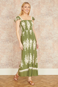Yumi Green Block Print Ruched Maxi Dress