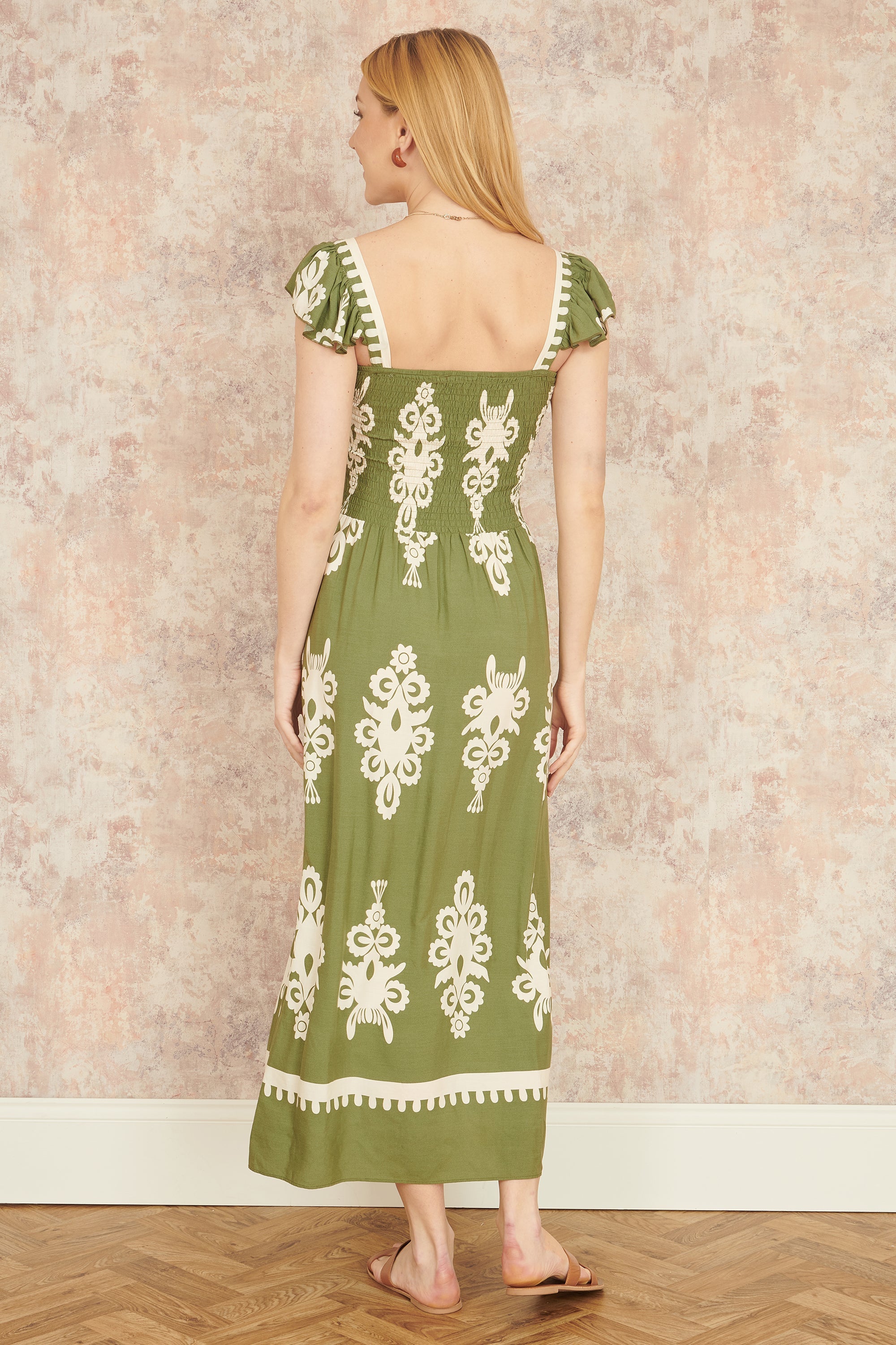 Yumi Green Block Print Ruched Maxi Dress