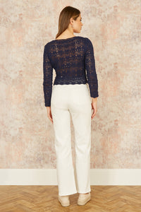 Yumi Navy Crochet Top With Front Ruching